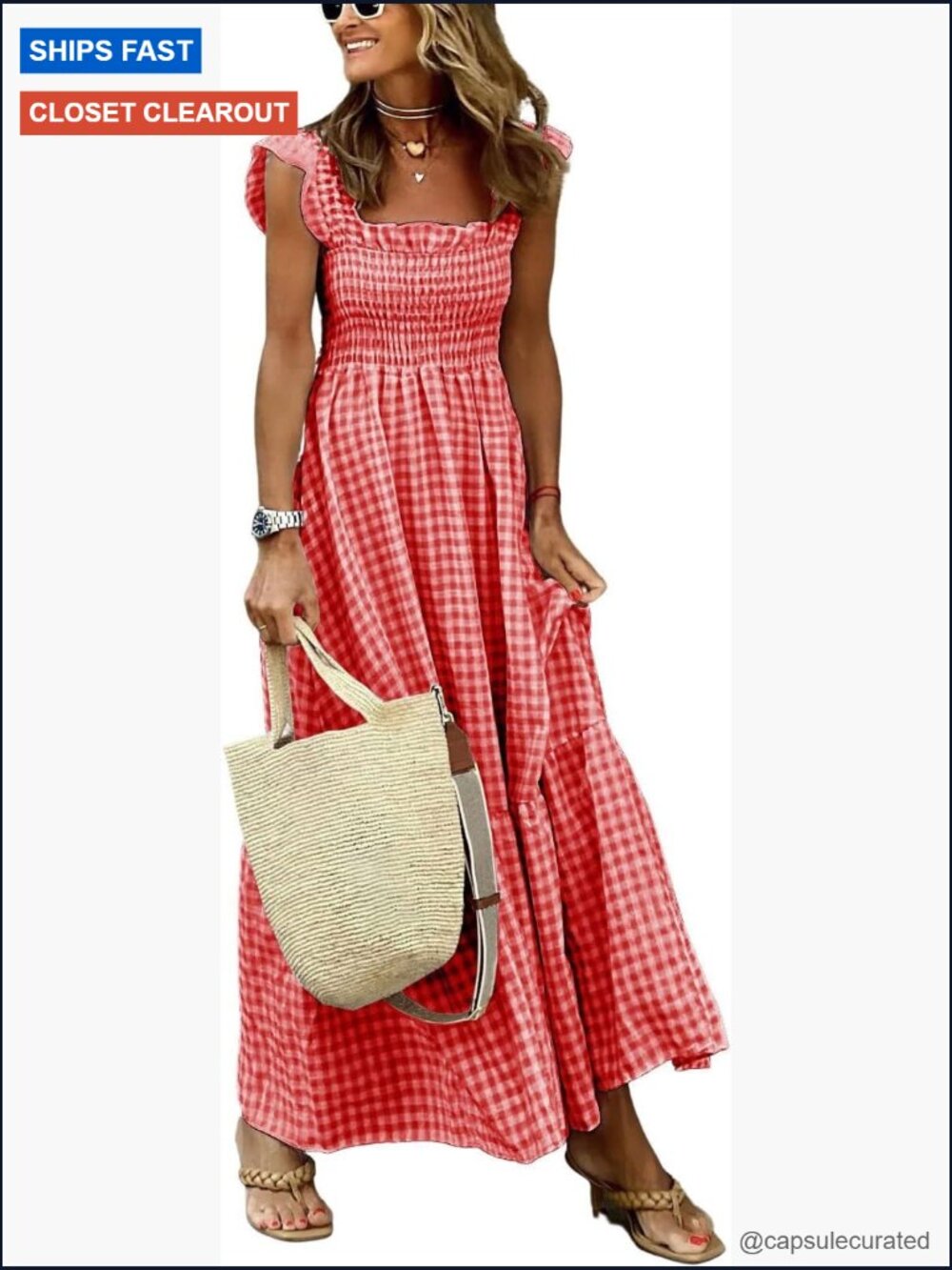 Retro Plaid Smocked Dress Spaghetti Strap Flounce Long Dress